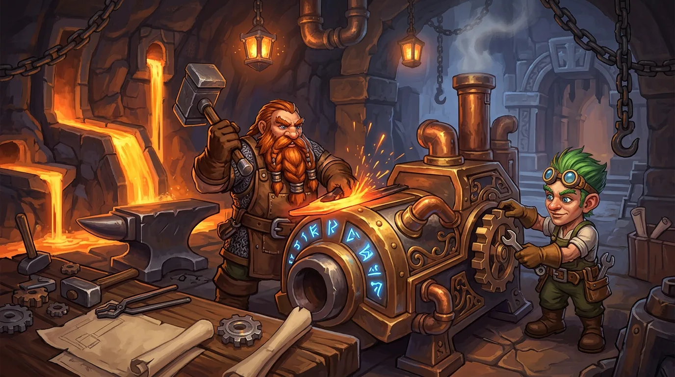 A dwarf engineer and a gnome tinkerer upgrade a rune-covered brass engine in an Ironforge forge workshop
