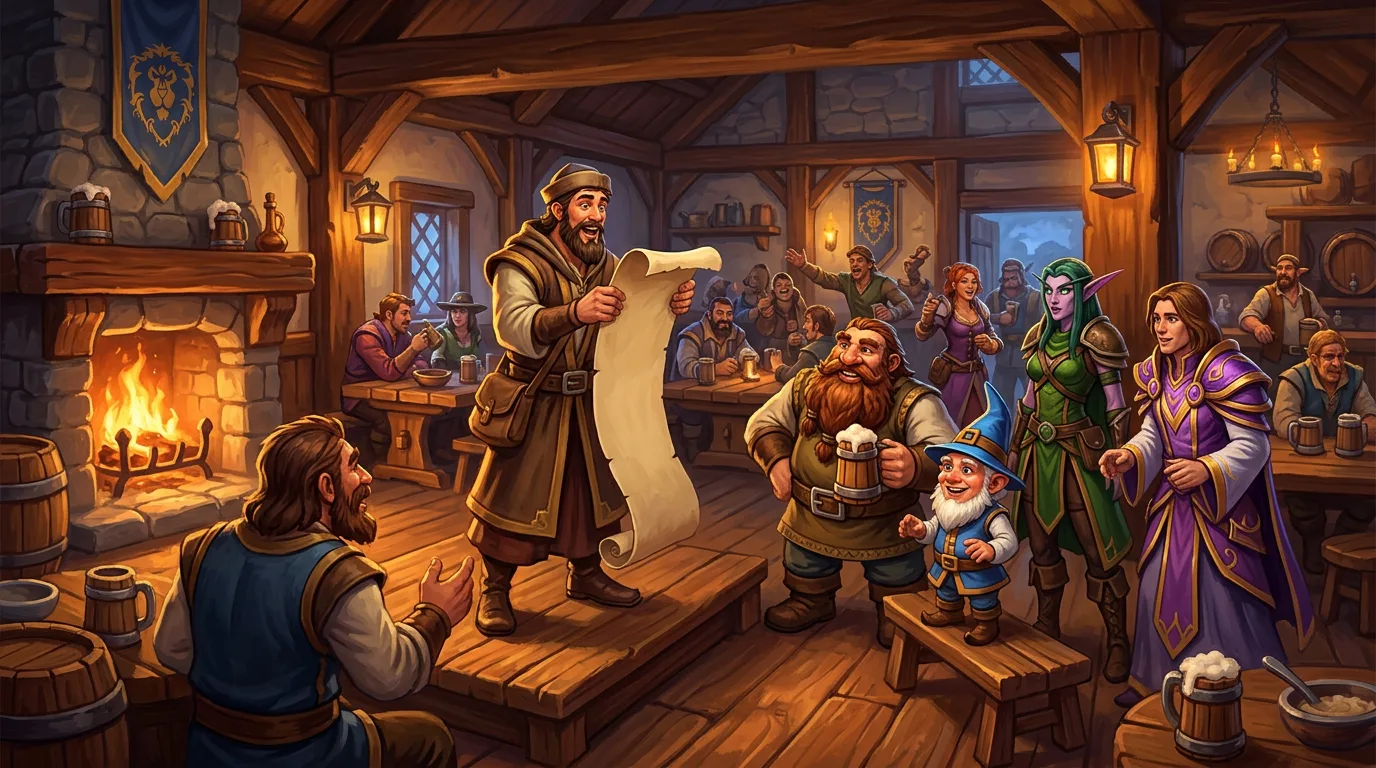 Adventurers of several races gather in the Lion's Pride Inn in Goldshire as a town crier reads from a long scroll.