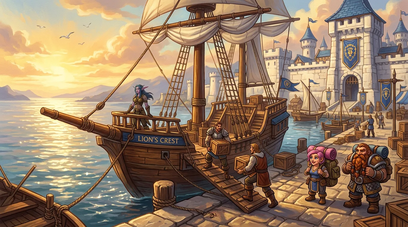 Travelers board a sailing ship at Stormwind Harbor at golden hour, bound for a distant coastline