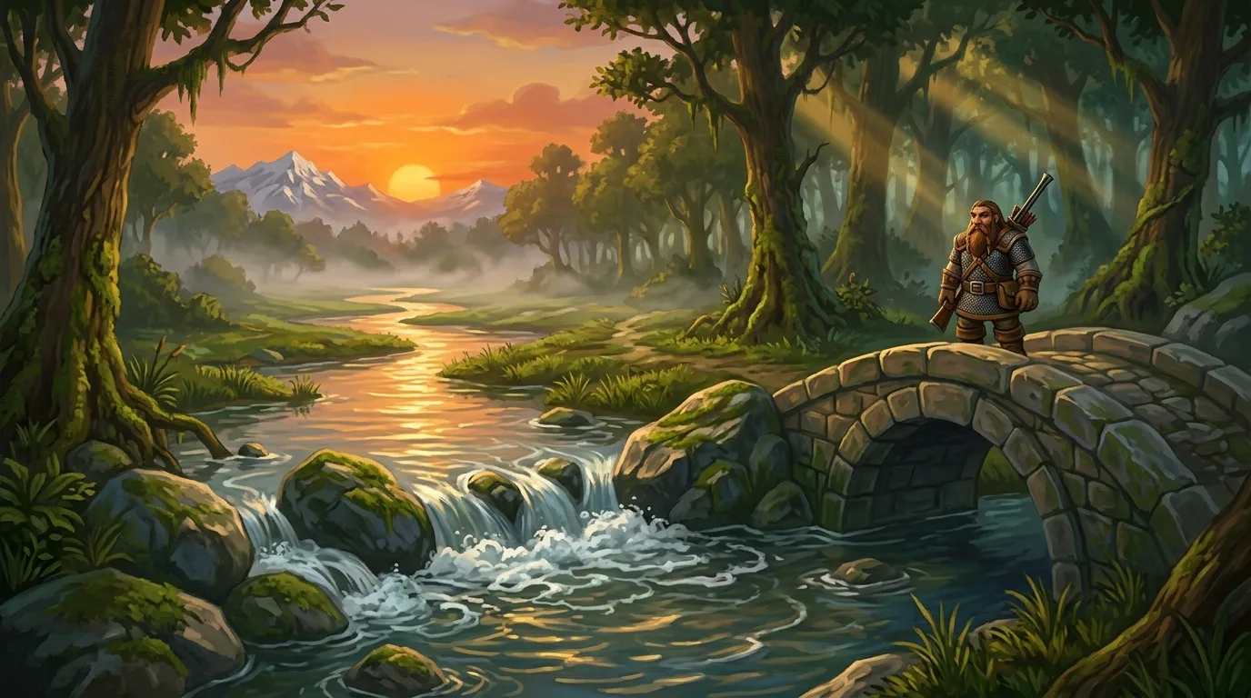 A dwarf hunter on a stone bridge over a foaming river in the Wetlands at sunset, with god rays and Dun Morogh in the distance