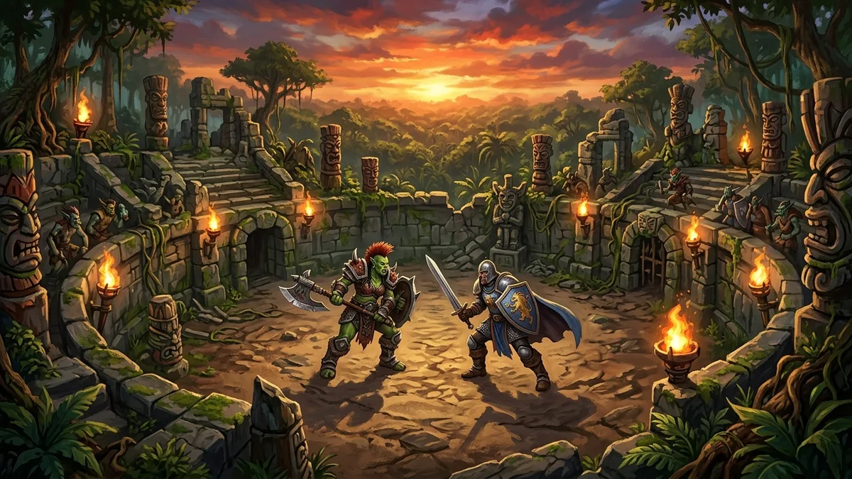 An orc and a human warrior facing off in the sand of a circular troll stone arena at sunset