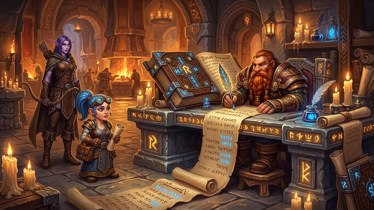 A dwarf scribe in Ironforge writing adventurer names on a long scroll while a gnome and a night elf wait in line