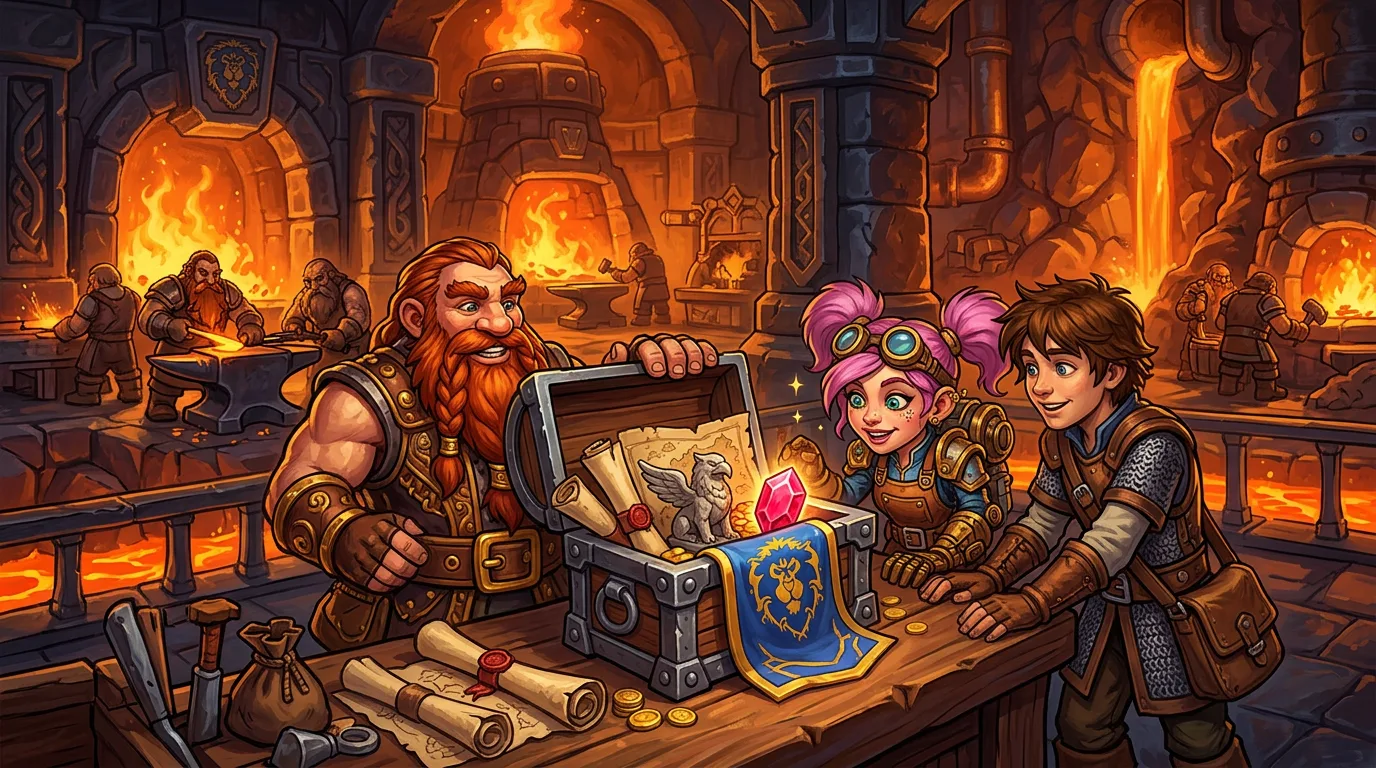 A dwarf merchant in Ironforge's Great Forge opens a treasure chest of keepsakes for a gnome and a human adventurer.