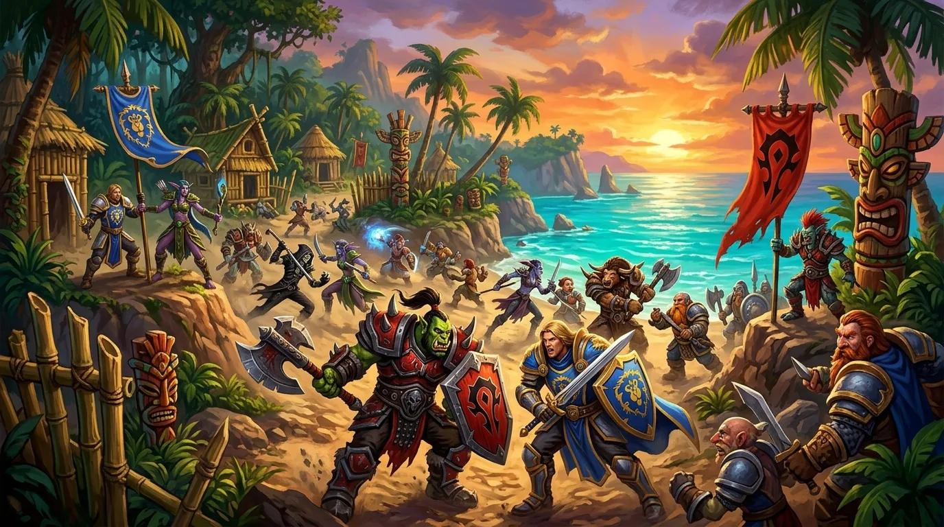 Horde and Alliance fighters battle over a flag on a tropical troll island