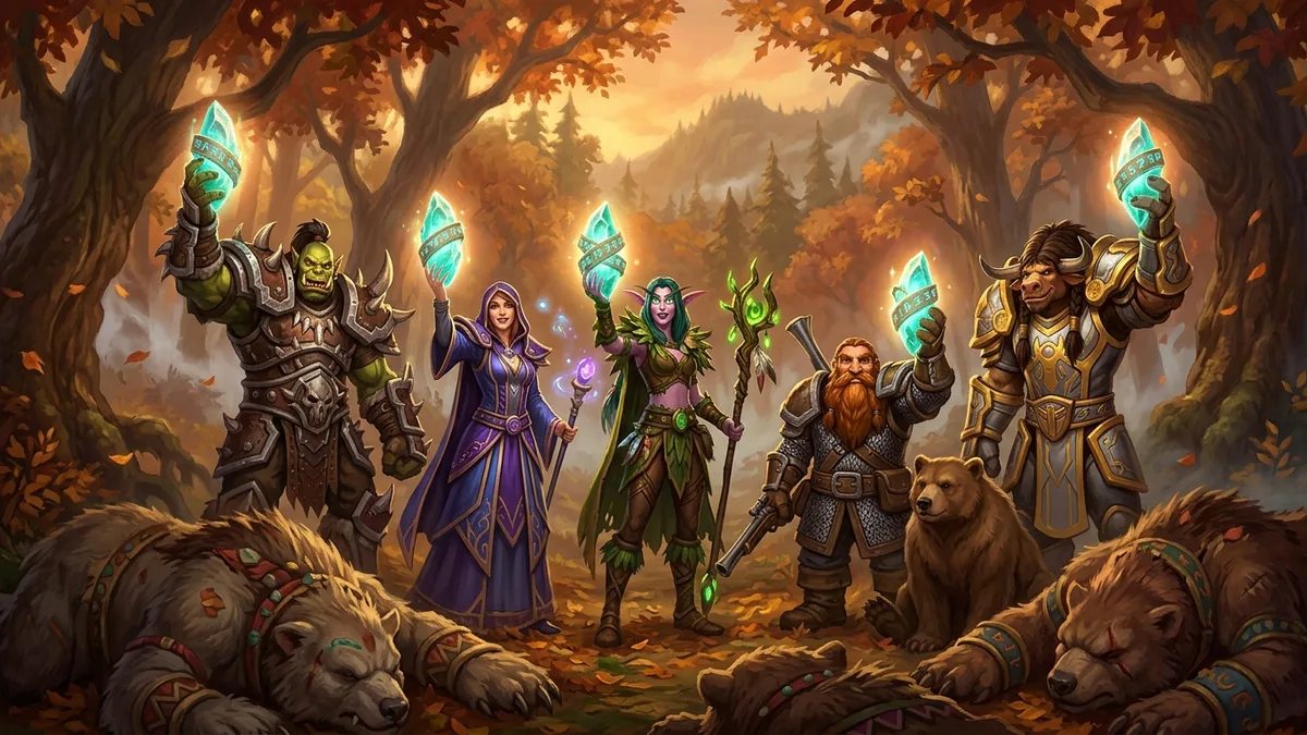 Five adventurers over defeated furbolg beasts, each holding an identical glowing quest trophy