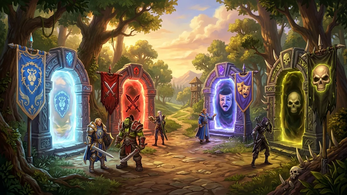 Four stone portals at a forest crossroads, each with a different banner, as human and orc adventurers choose a path