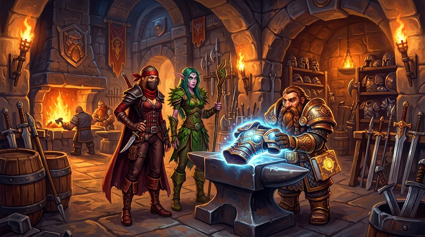 A human rogue in Defias leather, a night elf druid and a dwarf paladin inspecting armor sets in an Ironforge armory