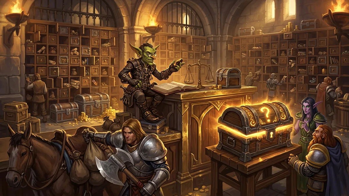 A goblin banker in a Stormwind vault full of open storage slots, next to a raid chest glowing with a question-mark rune