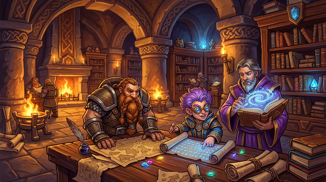 A dwarf, a gnome and a human mage planning over parchment scrolls in Ironforge's Hall of Explorers
