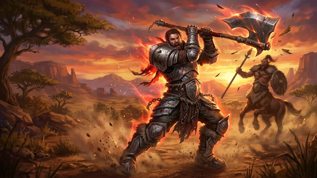 A human warrior swinging a two-handed axe in the Barrens with a red rage aura