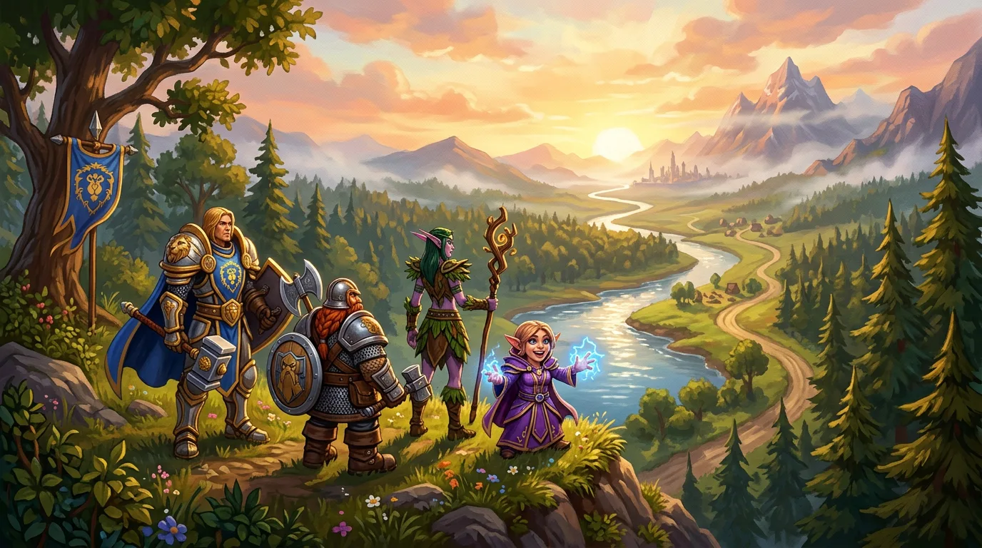 A human paladin, dwarf warrior, night elf druid and gnome mage look over a river valley in Elwynn Forest at sunrise