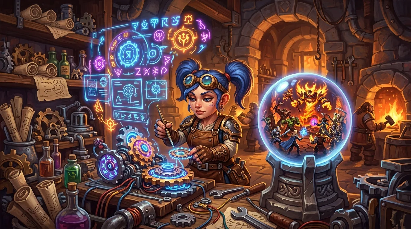 A gnome engineer working on glowing arcane gears in an Ironforge workshop