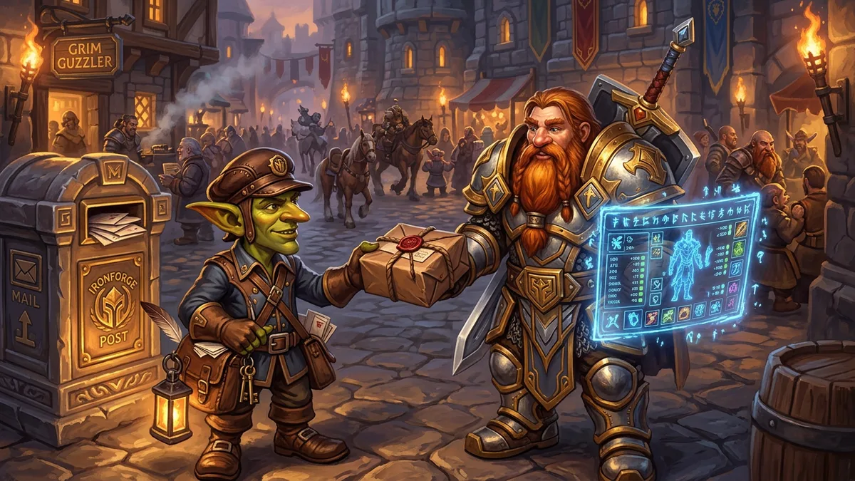 A goblin postmaster handing a sealed parcel of dungeon loot to a dwarf paladin next to a floating magical character sheet