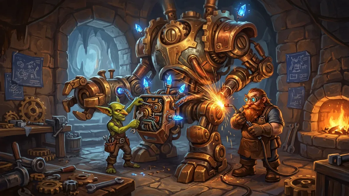 A goblin and a dwarf repairing a giant gnomish machine in an Ironforge workshop