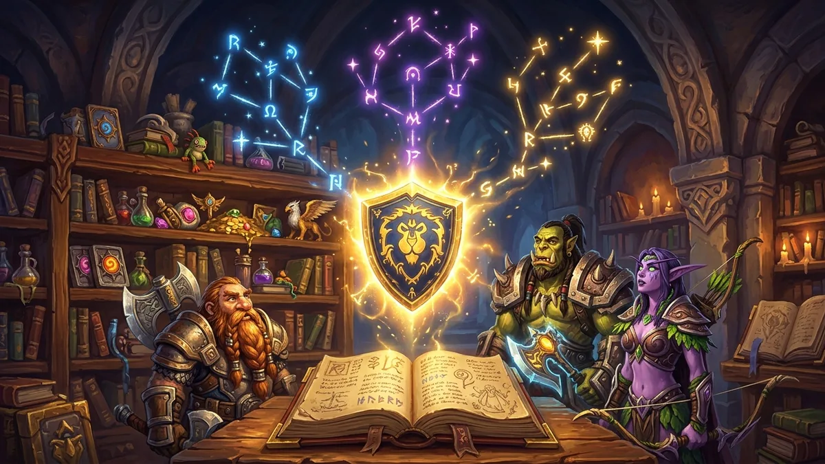 A glowing golden shield emblem above an open ancestral ledger with three branching rune trees rising from it