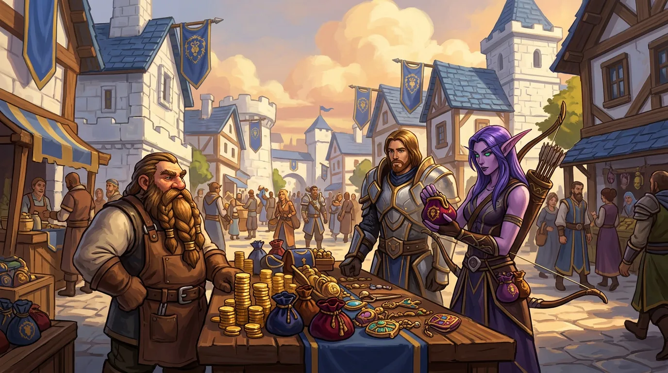 A dwarf merchant's stall full of gold coins in Stormwind's Trade District, with a human paladin and a night elf huntress browsing