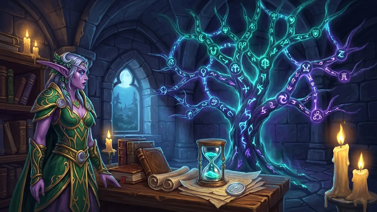A class trainer beside a vast glowing talent tree, with an hourglass of charges and a single silver coin on the desk